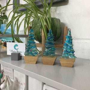 Fused Glass Blue Fir Tree, Christmas Tree with Wooden Base - Fused Glass By Claire Harris 