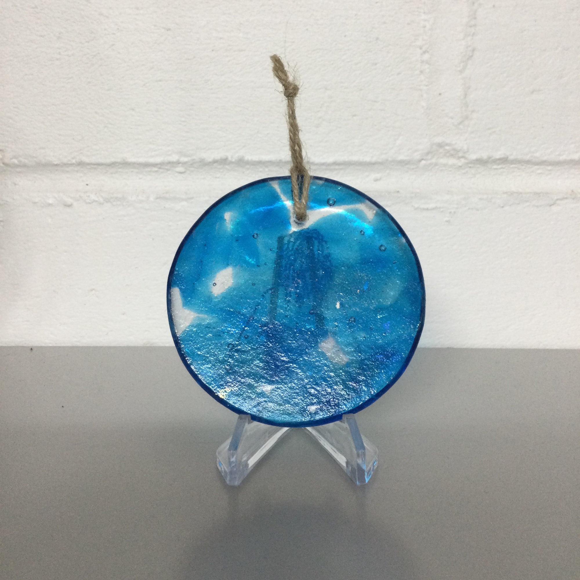 Wild Swimmer Turquoise Fused Glass Disc, Standing L - Fused Glass By Claire Harris 