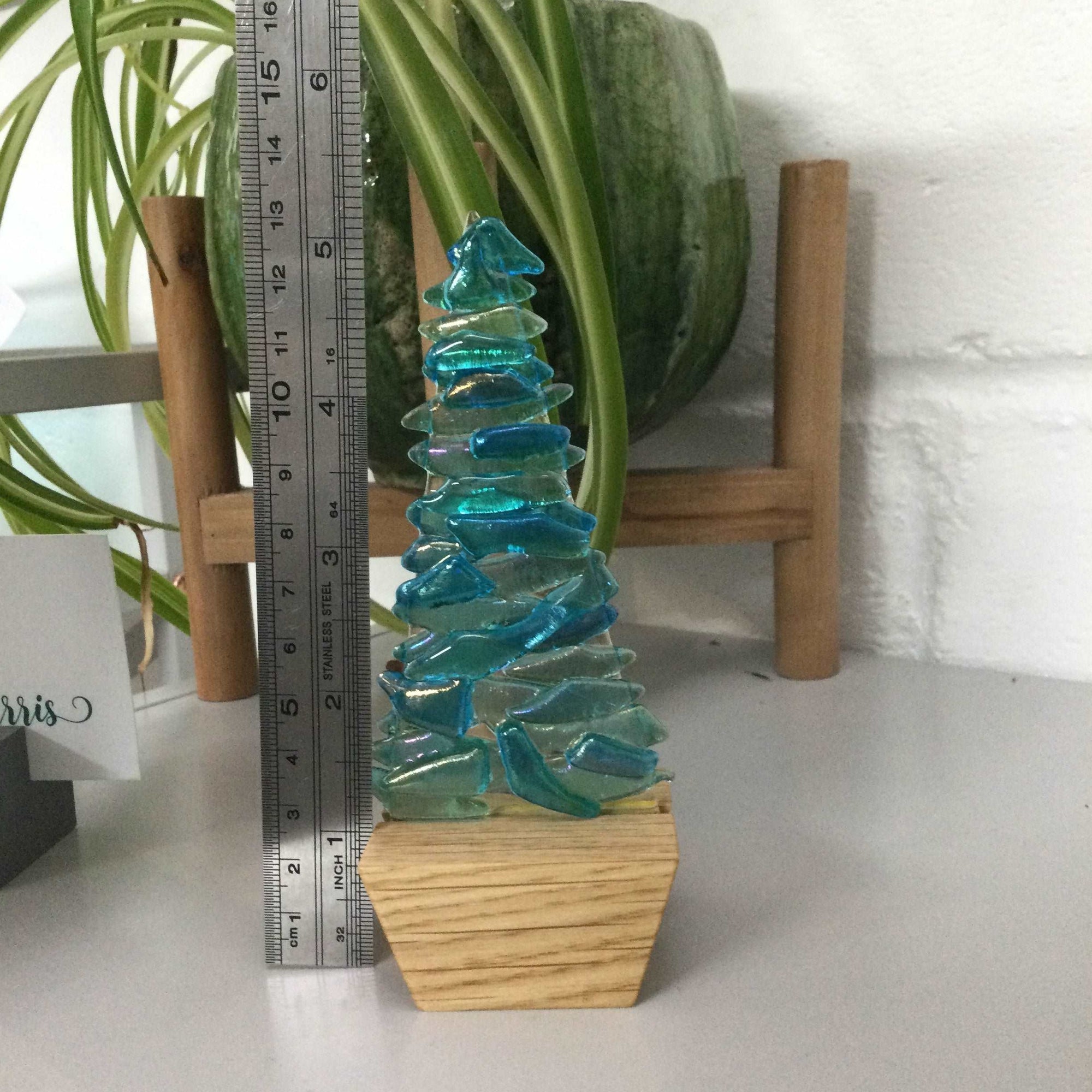 Fused Glass Blue Fir Tree, Christmas Tree with Wooden Base - Fused Glass By Claire Harris 