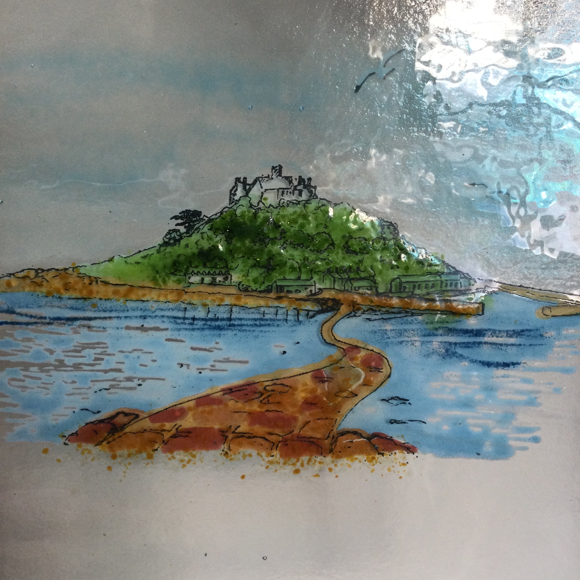 LIMITED EDITION fused glass square framed St Michaels Mount, hanger or standing display.