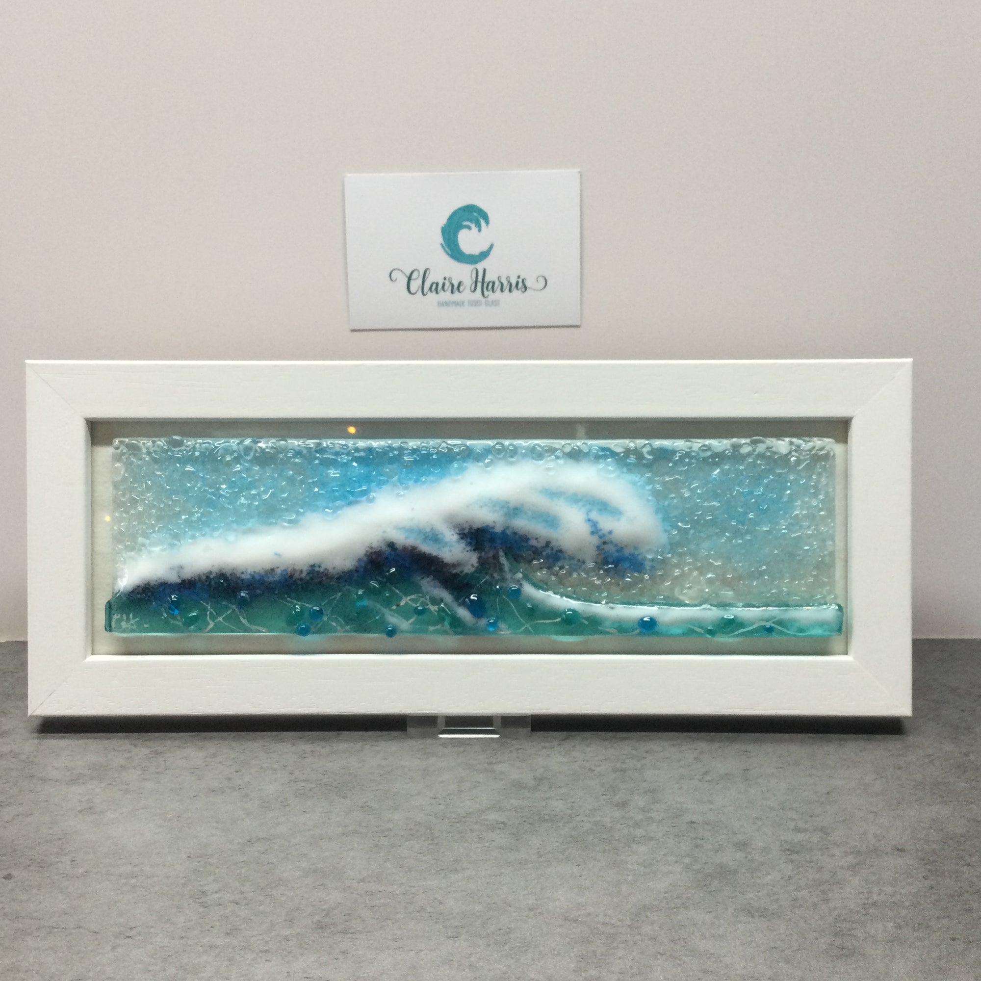 Regular size Framed Light Aqua Crashing Wave, rectangle framed fused glass