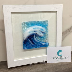 Framed Fused Glass Square Turquoise Crashing Wave