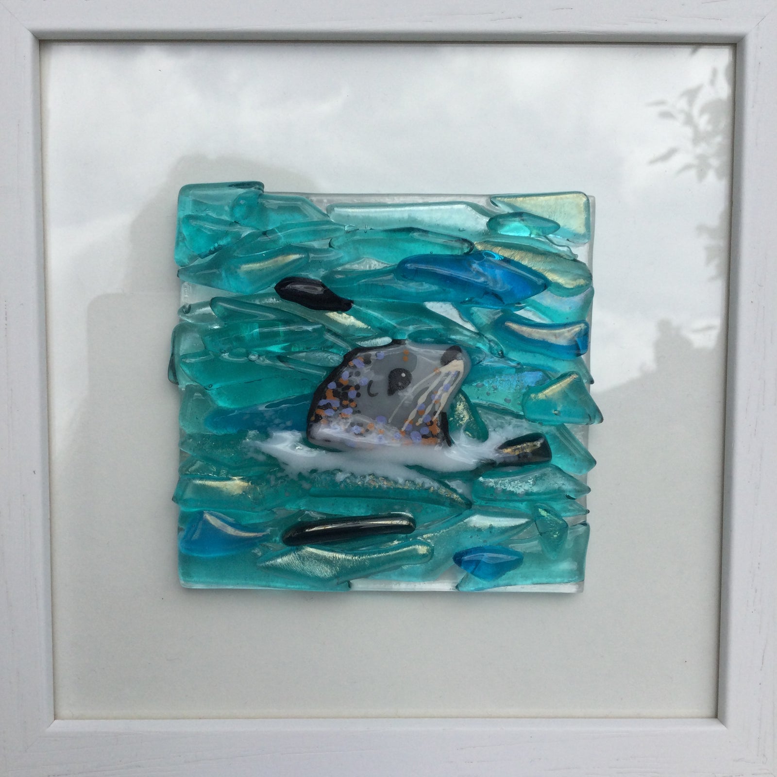 Square Framed Fused Glass Seal Side Facing