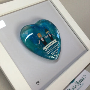 Limited Edition Framed Fused Glass Heart - Pair of Sea Swimmers in Black Costumes