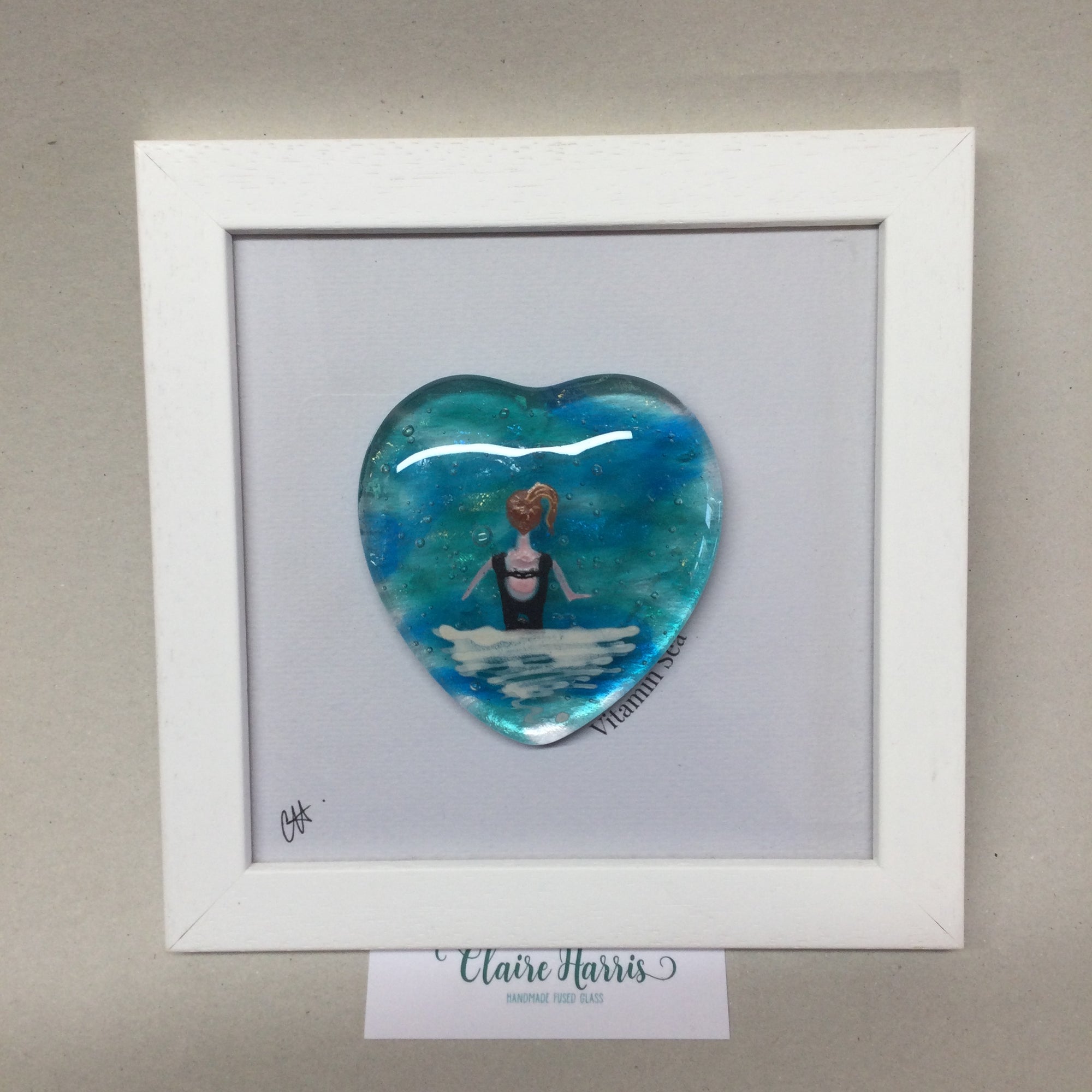 Limited Edition Framed Fused Glass Heart Sea Swimming Lady - Black Costum and Ginger Hair