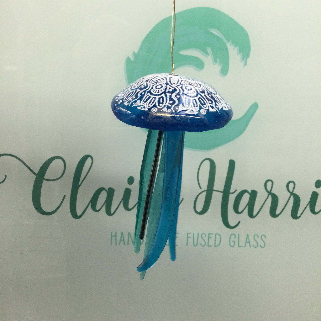 Fused Glass Patterned Jellyfish Hanger Turquoise