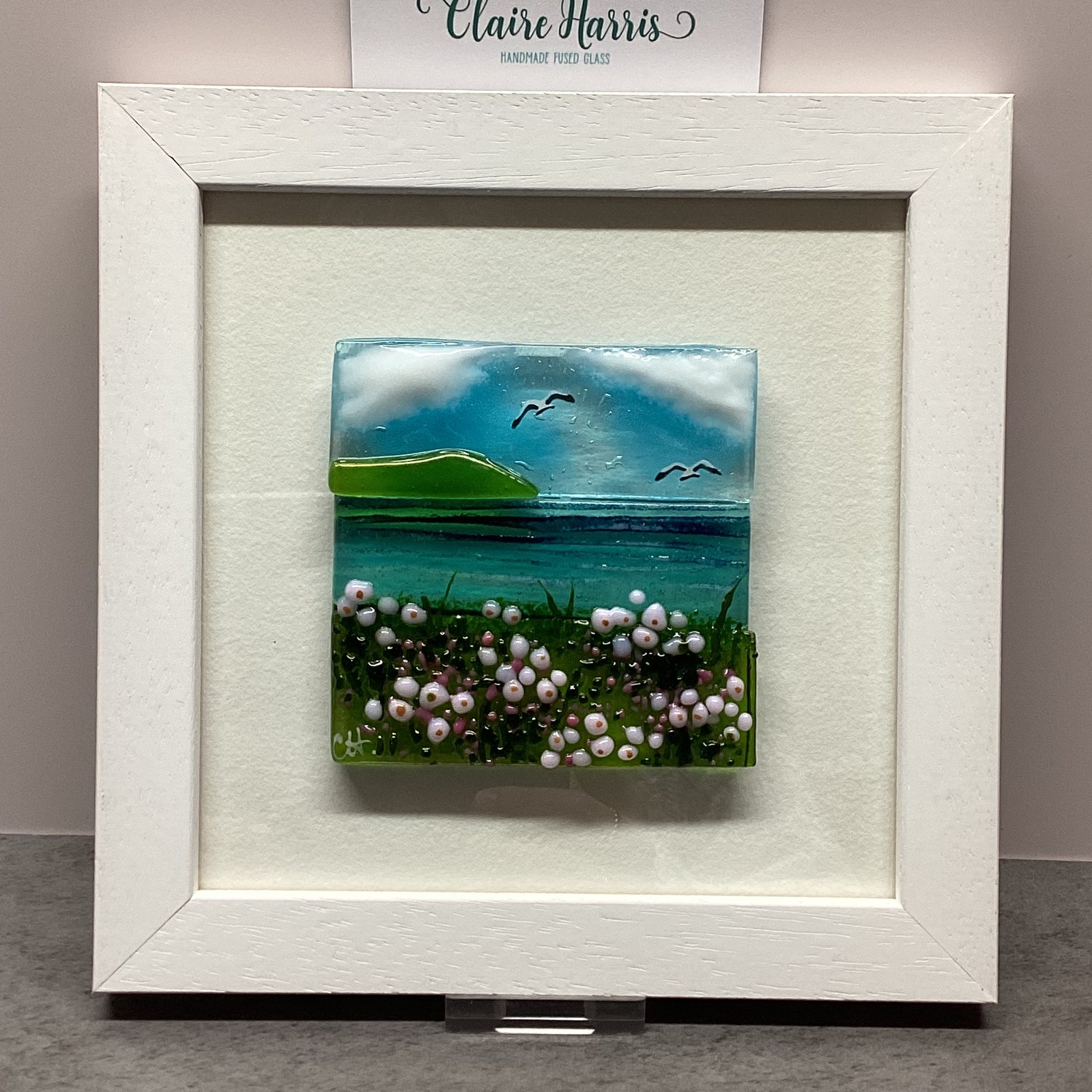 Framed Fused Glass Square Sea Pinks