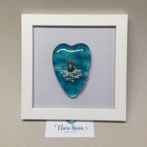 Limited Edition Framed Fused Glass Sea Swimmer Heart - Black costume with Purple Bobble Hat