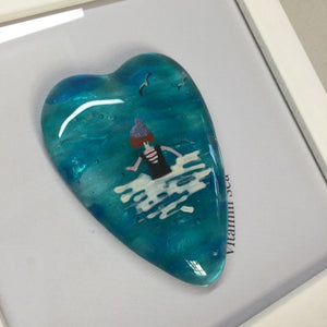 Limited Edition Framed Fused Glass Sea Swimmer Heart - Black costume with Purple Bobble Hat