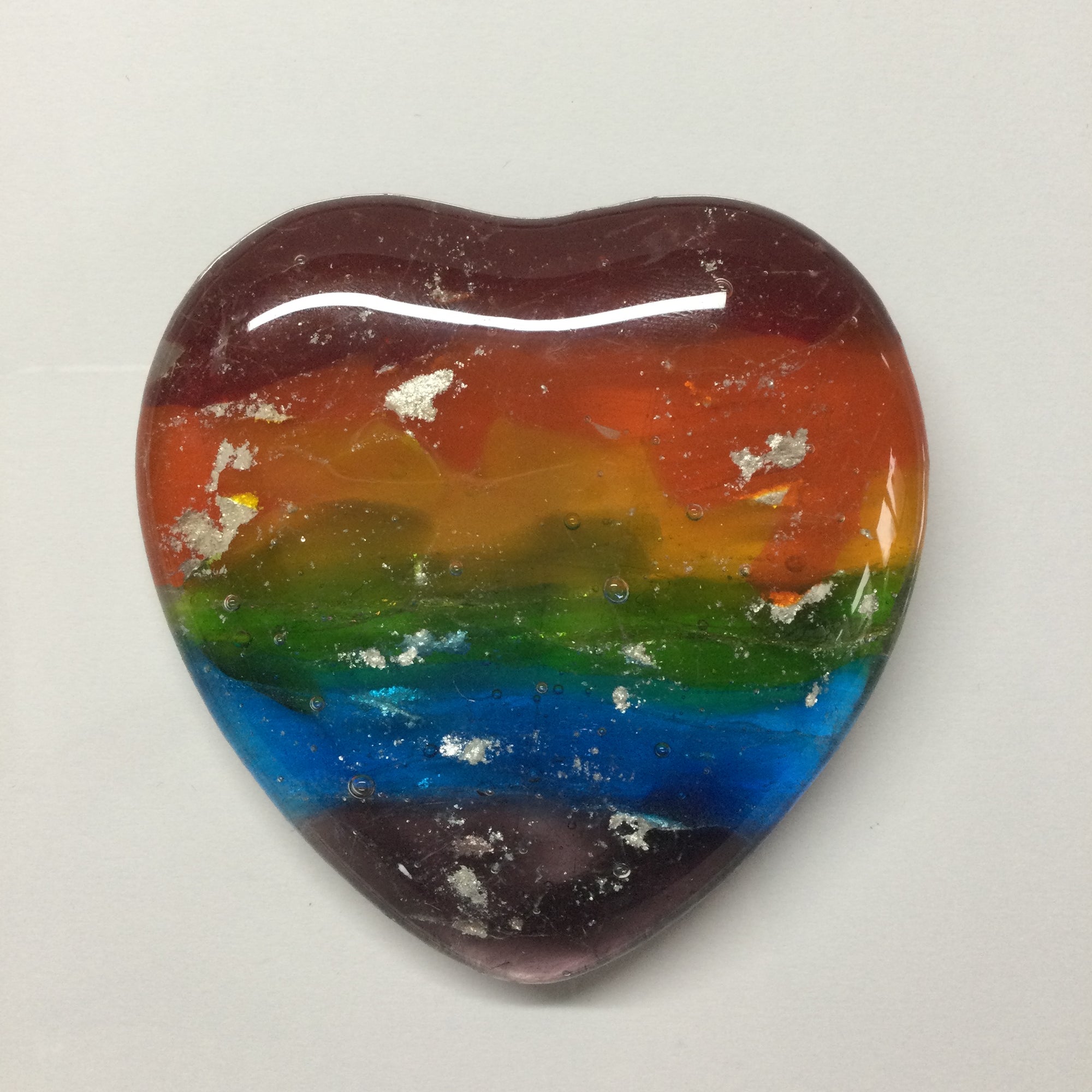 Limited Edition Framed Fused Glass Round Rainbow Heart with Silver