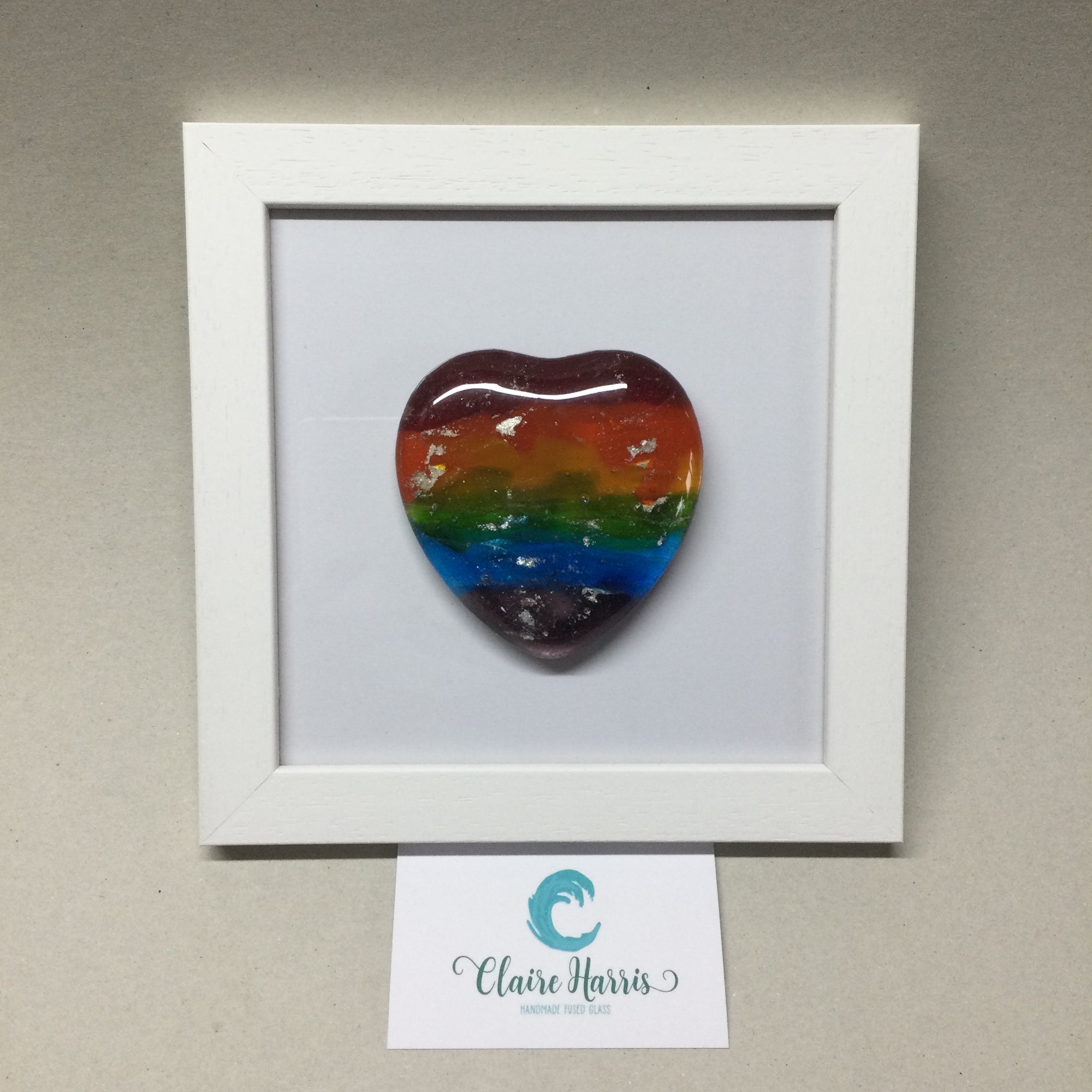 Limited Edition Framed Fused Glass Round Rainbow Heart with Silver