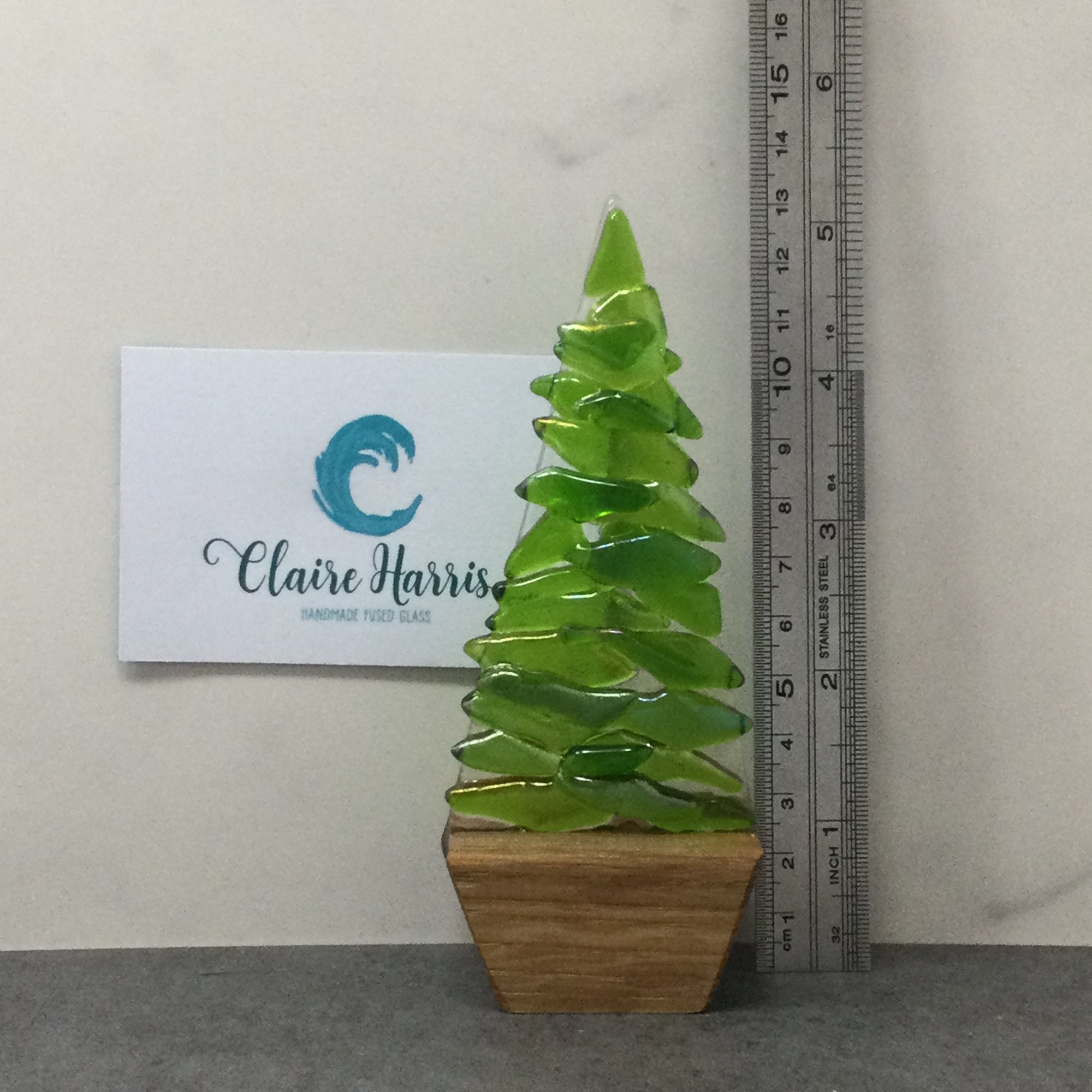 Fused Glass Green Fir Tree, Christmas Tree with Wooden Base