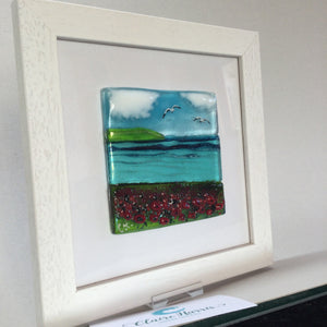 Limited Edition Framed Fused Glass Square Poppy Field Scene