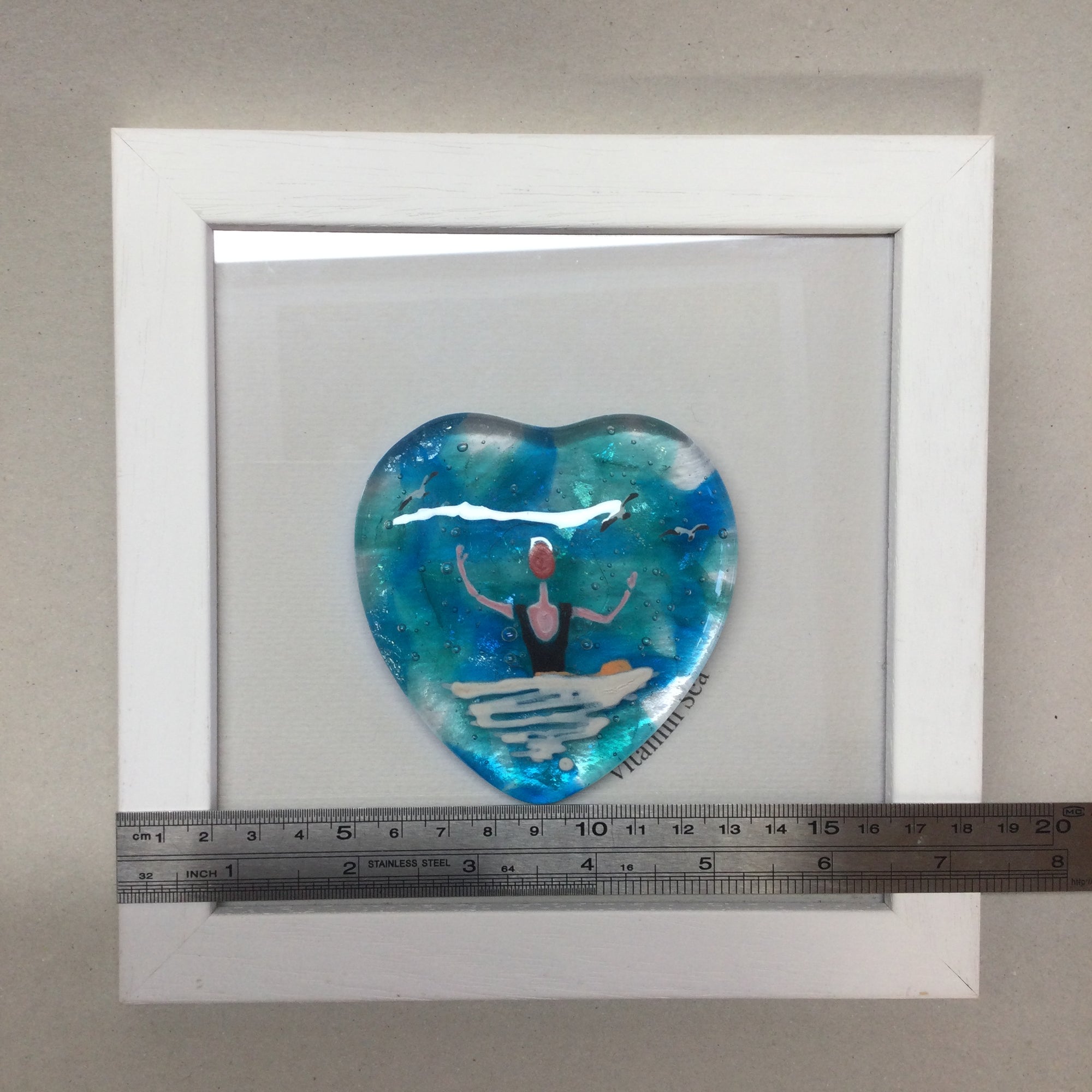 Limited Edition Framed Fused Glass Heart Sea Swimmer with Black Costume and Red Cap