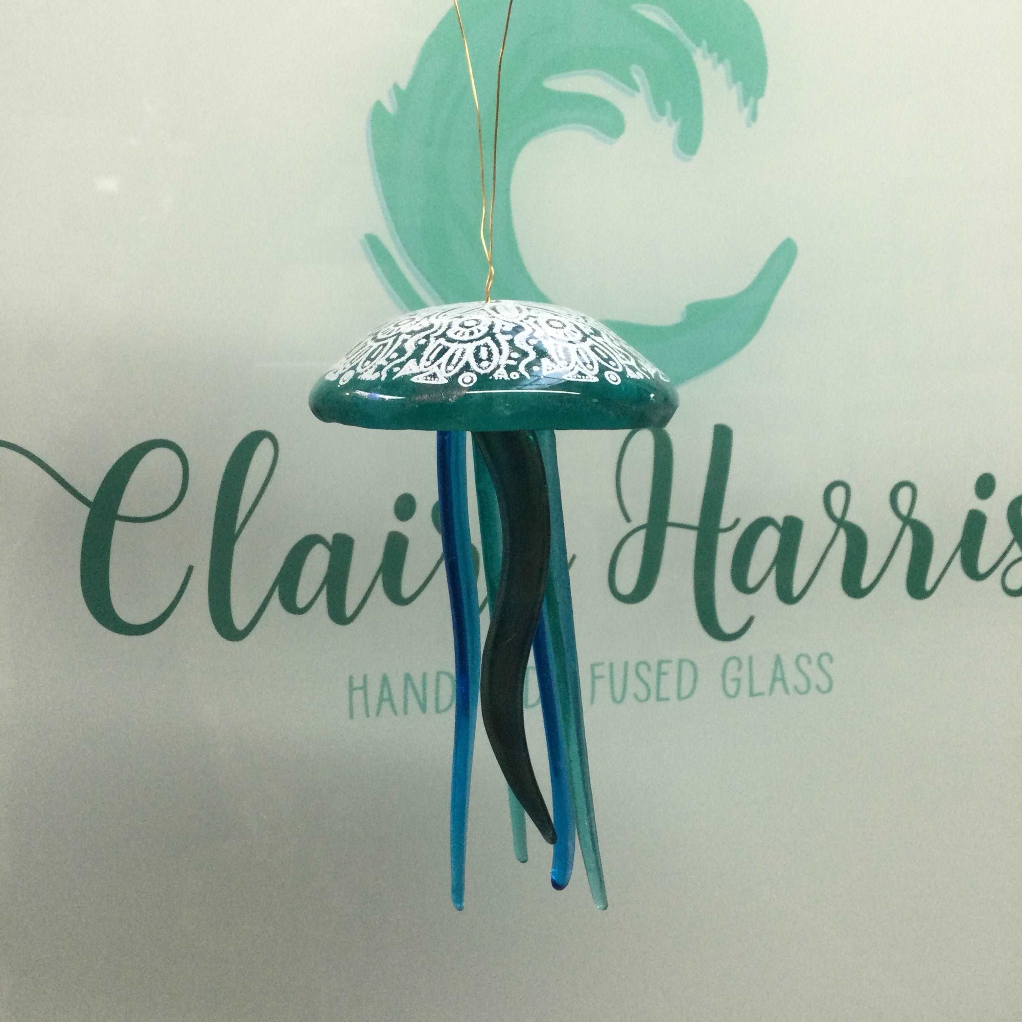 Fused Glass Patterned Jellyfish Hanger Light Aqua - Fused Glass By Claire Harris 