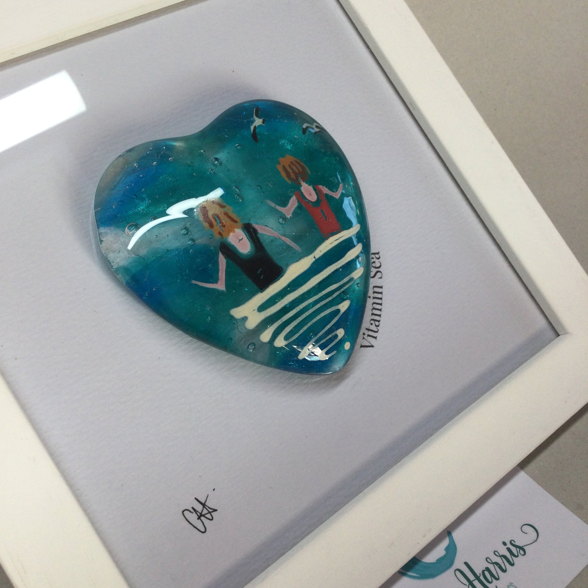 Limited Edition Framed Fused Glass Heart Swimming Ladies - Black and Red Costumes