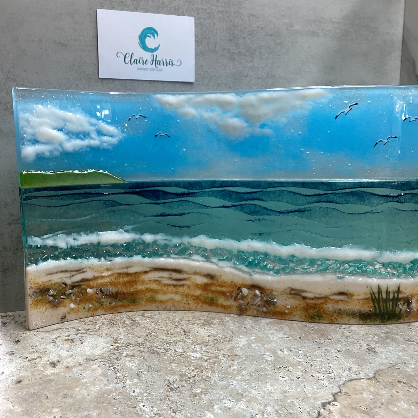 Jumbo Freestanding Wave Fused Glass Sea Scene, Cornish beach with Grass