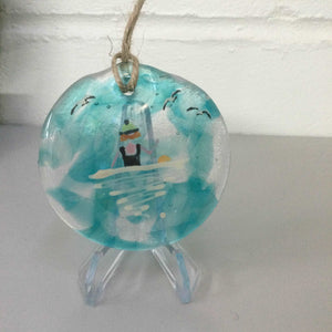 8cm Wild Swimmer with Green Hat Disc Hanger - Fused Glass By Claire Harris 