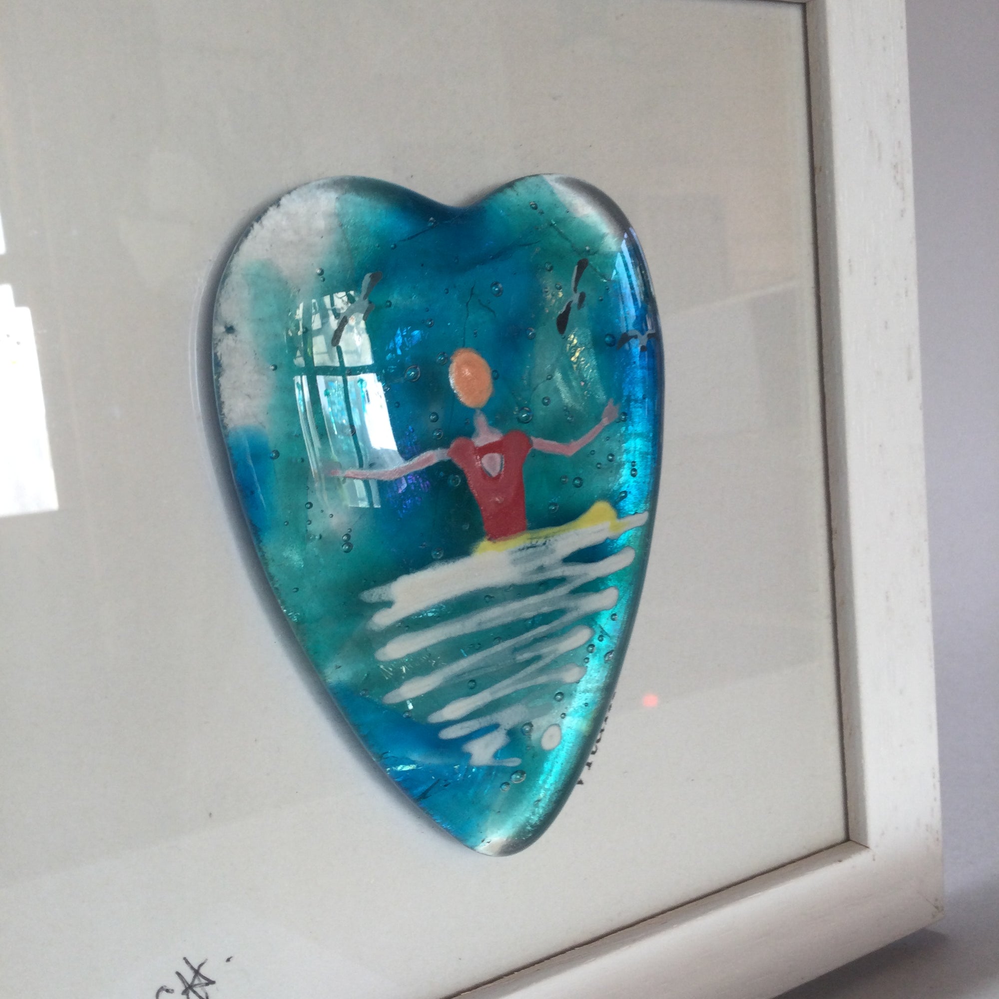 Limited Edition Fused Glass Framed Heart - Swimmer with Red Costume and Orange Cap