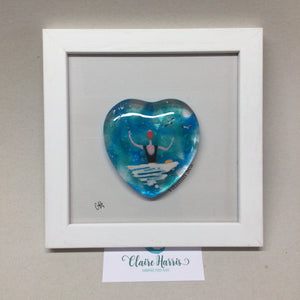 Limited Edition Framed Fused Glass Heart Sea Swimmer with Black Costume and Red Cap