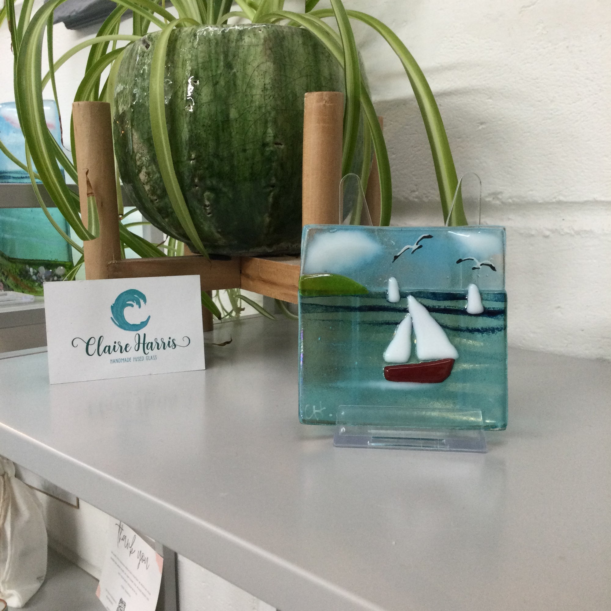 Trinket Dish - Sea scene with sailing boat - Fused Glass By Claire Harris 