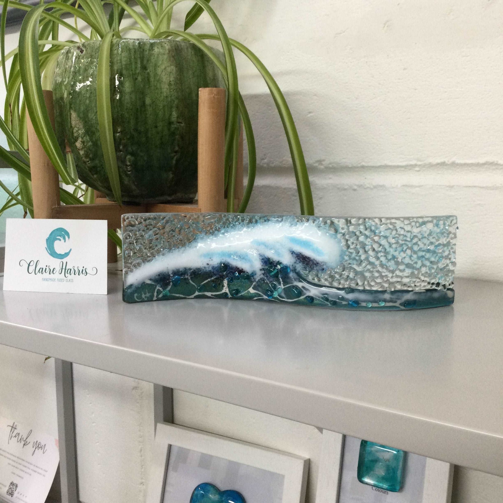 Small Freestanding Wave - Dark aqua Crashing Wave - Fused Glass By Claire Harris 