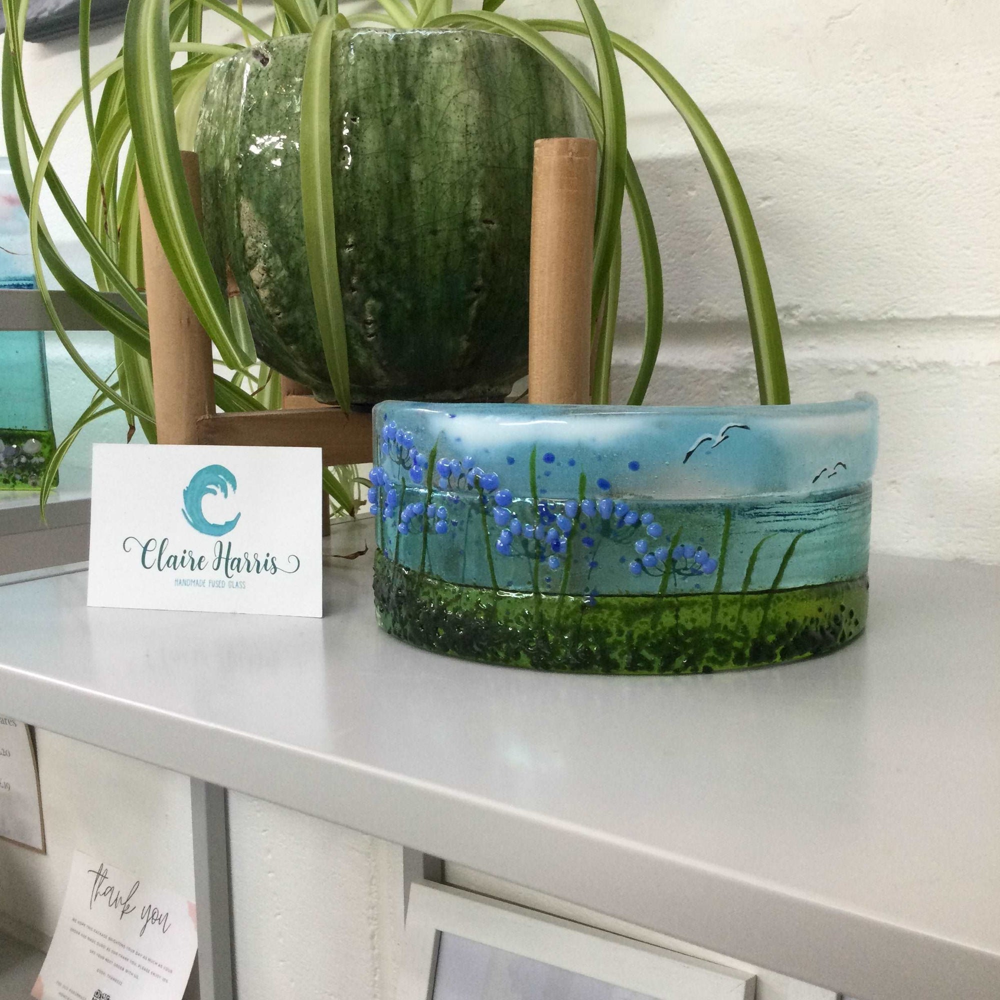 Curve - Sea scene with agapanthus - Fused Glass By Claire Harris 