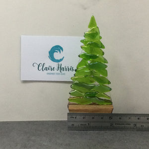 Fused Glass Green Fir Tree, Christmas Tree with Wooden Base