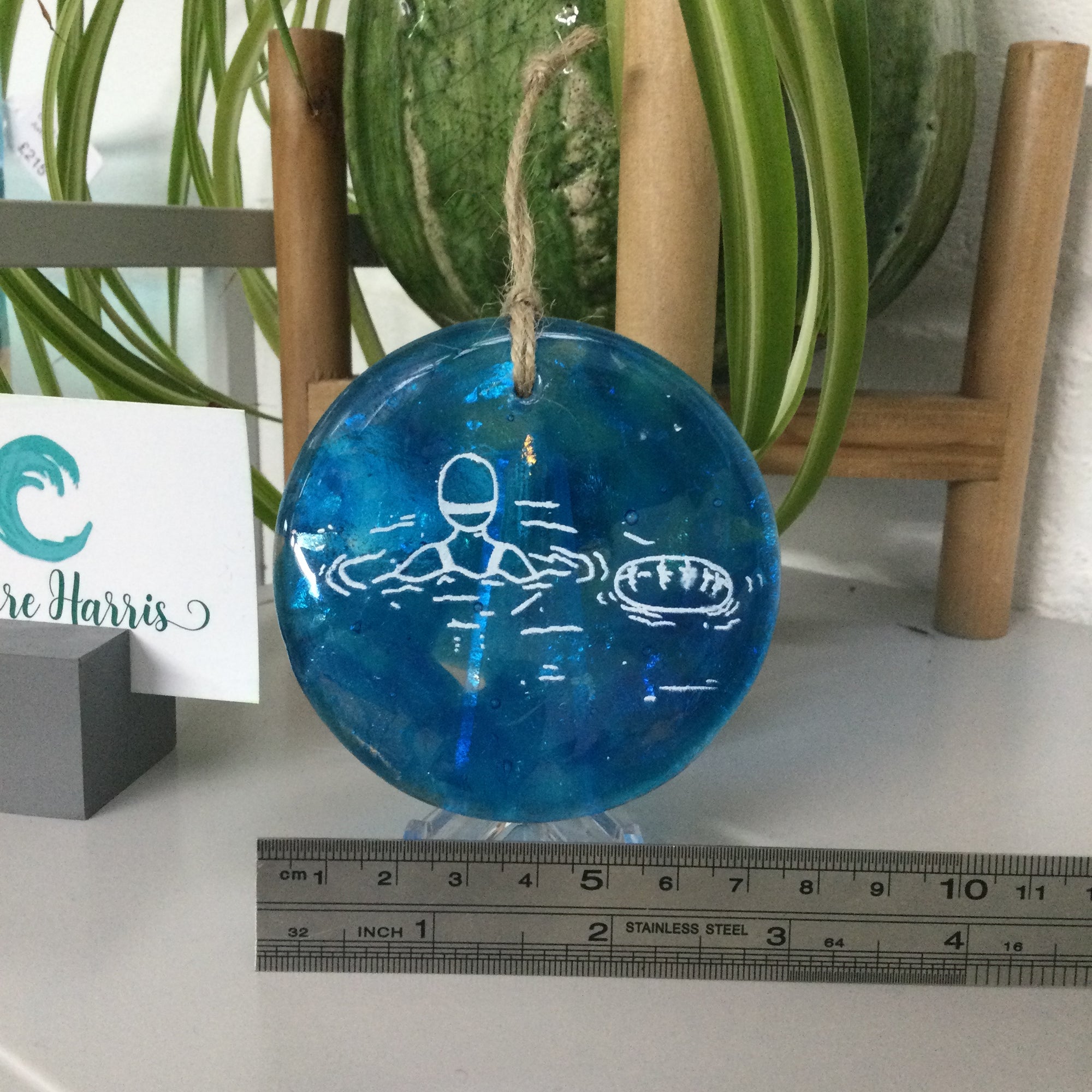 Wild Swimmer Turquoise Fused Glass Disc, Swimmer with Float - Fused Glass By Claire Harris 