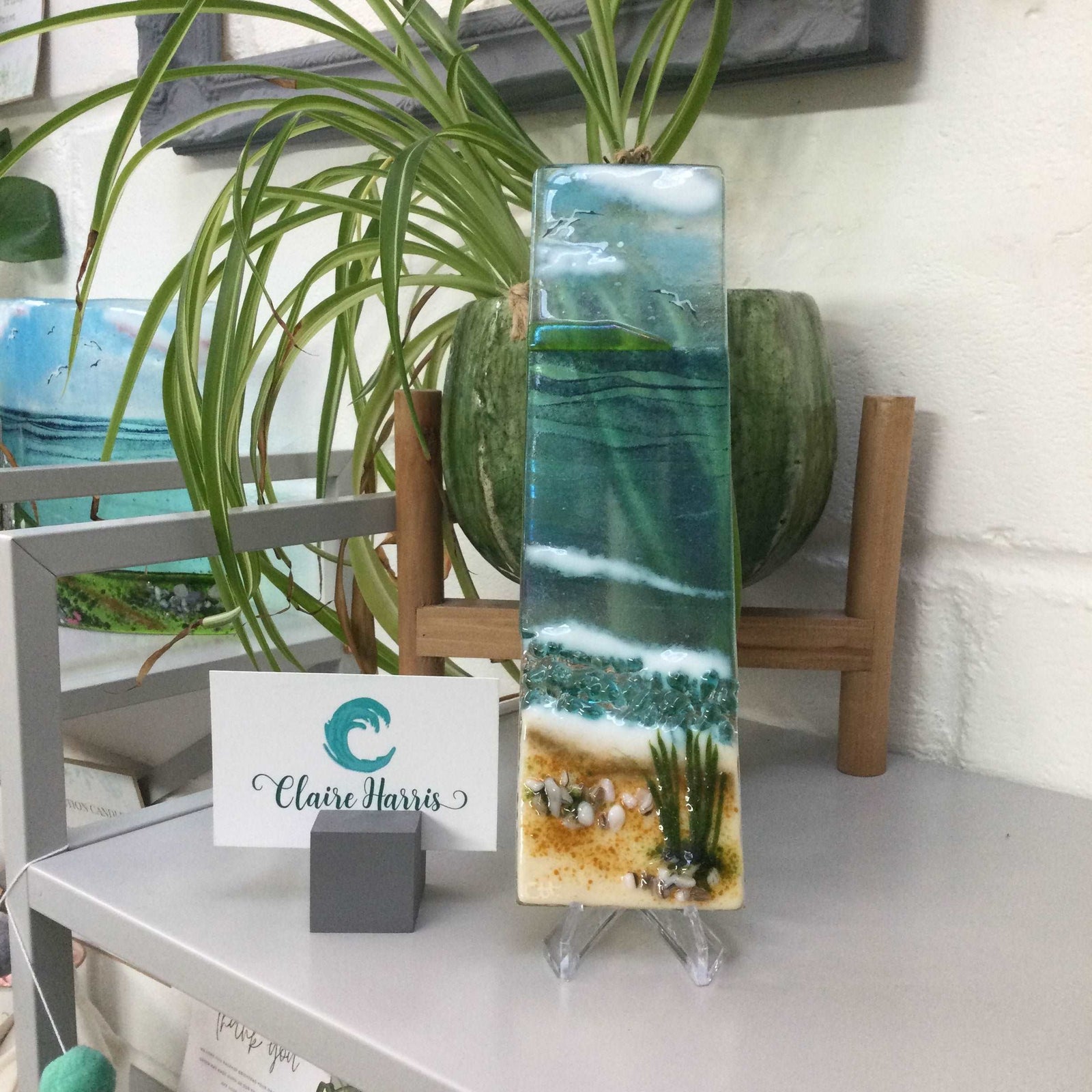 Large Hanger - Cornish Sea Scene with Grass - Fused Glass By Claire Harris 