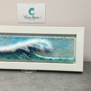 Regular size Framed Light Aqua Crashing Wave, rectangle framed fused glass