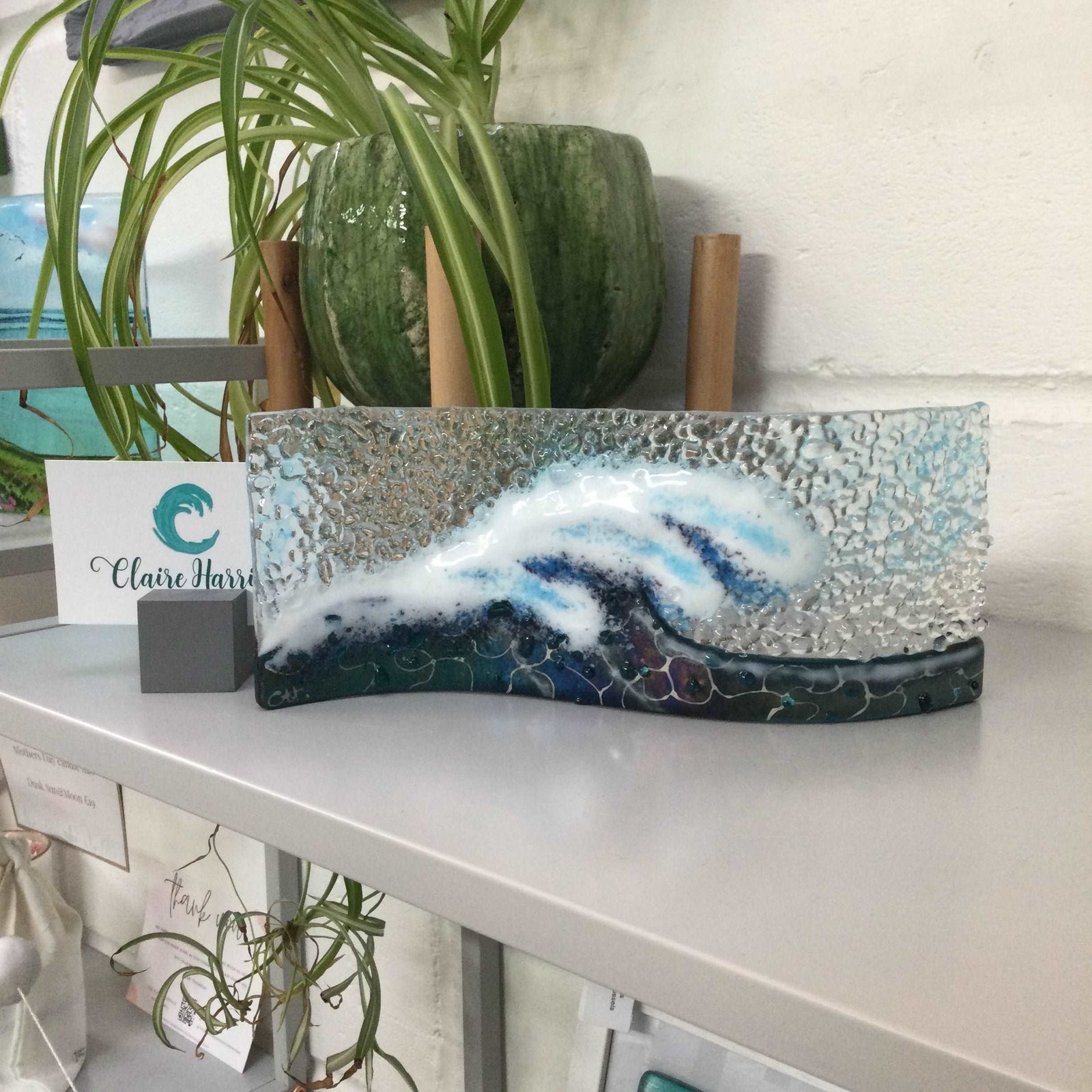 Large Freestanding Wave Dark Aqua Crashing Wave - Fused Glass By Claire Harris 