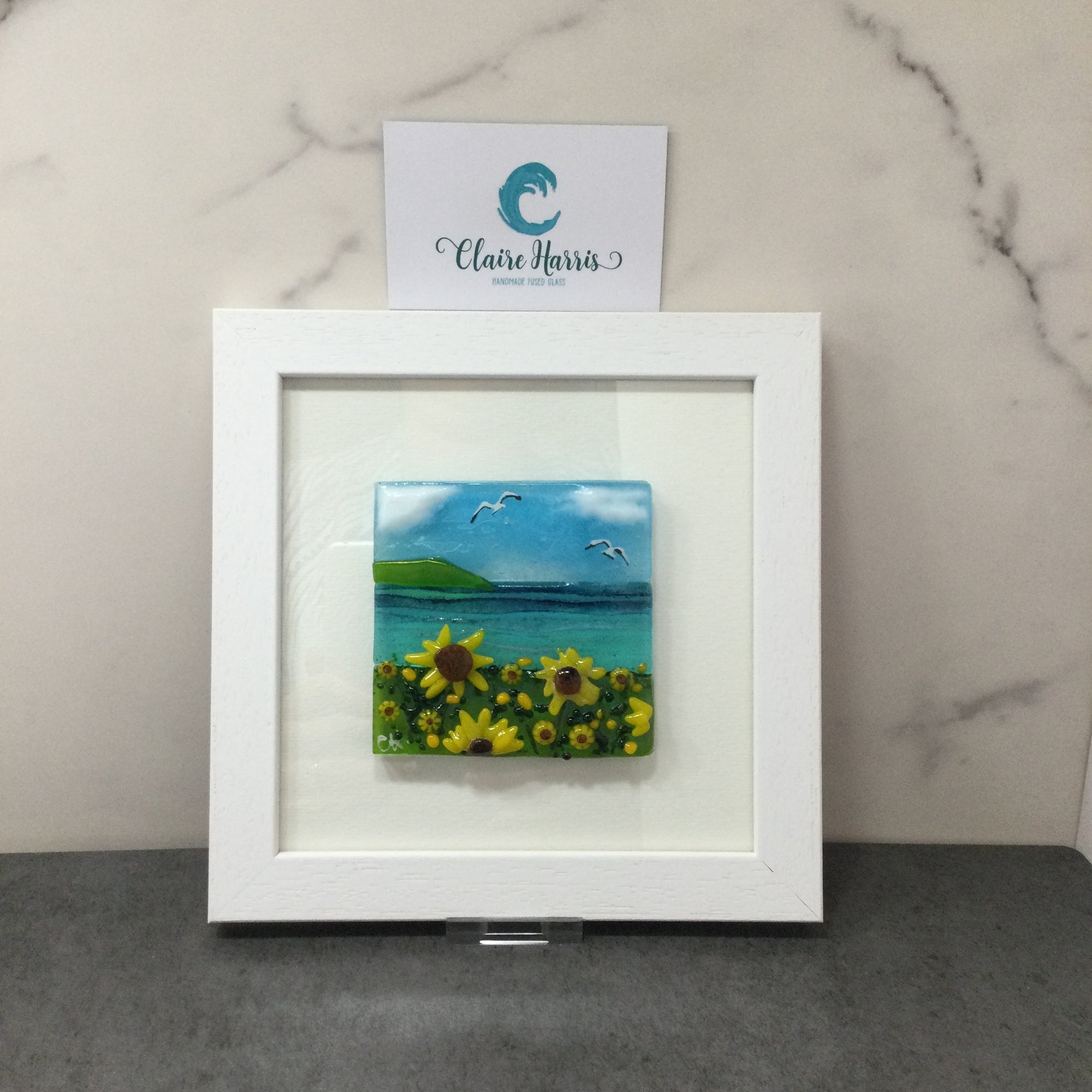 Square Framed Fused Glass - Sunflower Field Scene