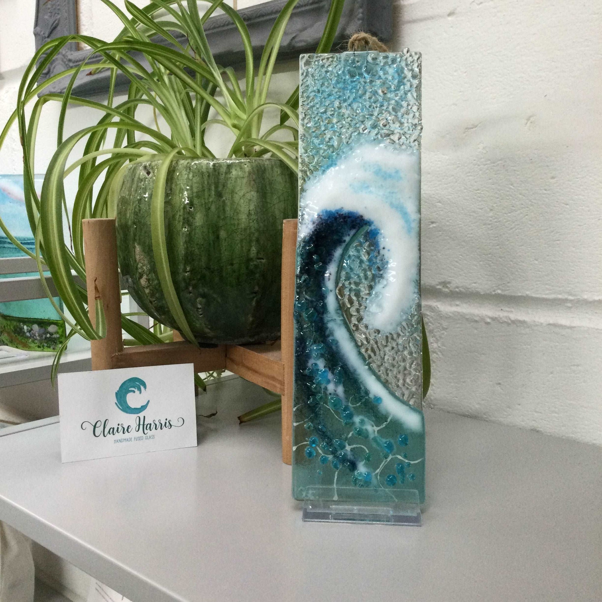 Large Hanger - Light Aqua Crashing Wave - Fused Glass By Claire Harris 