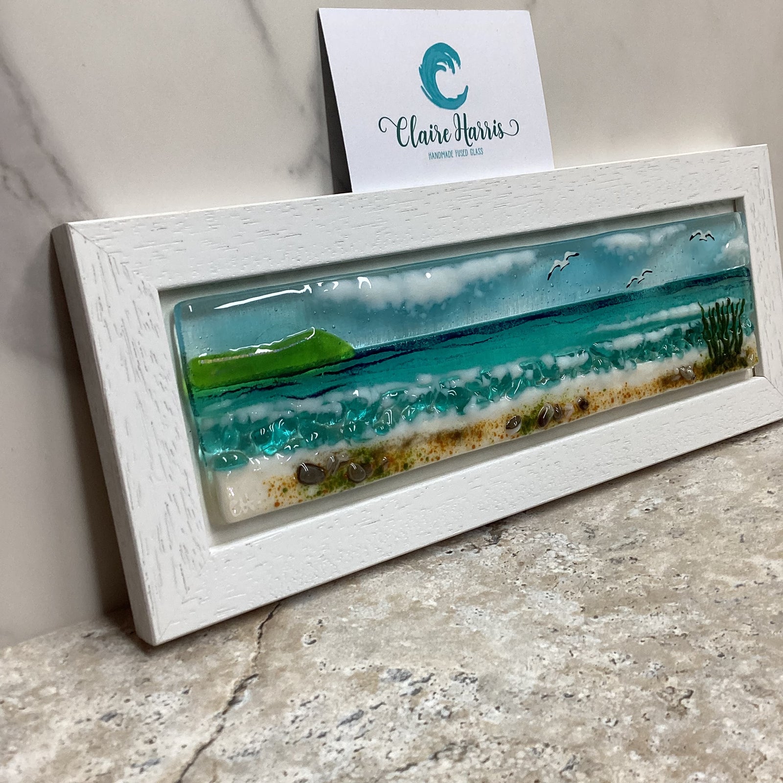 Regular Size Framed Sea Scene, rectangle framed fused glass