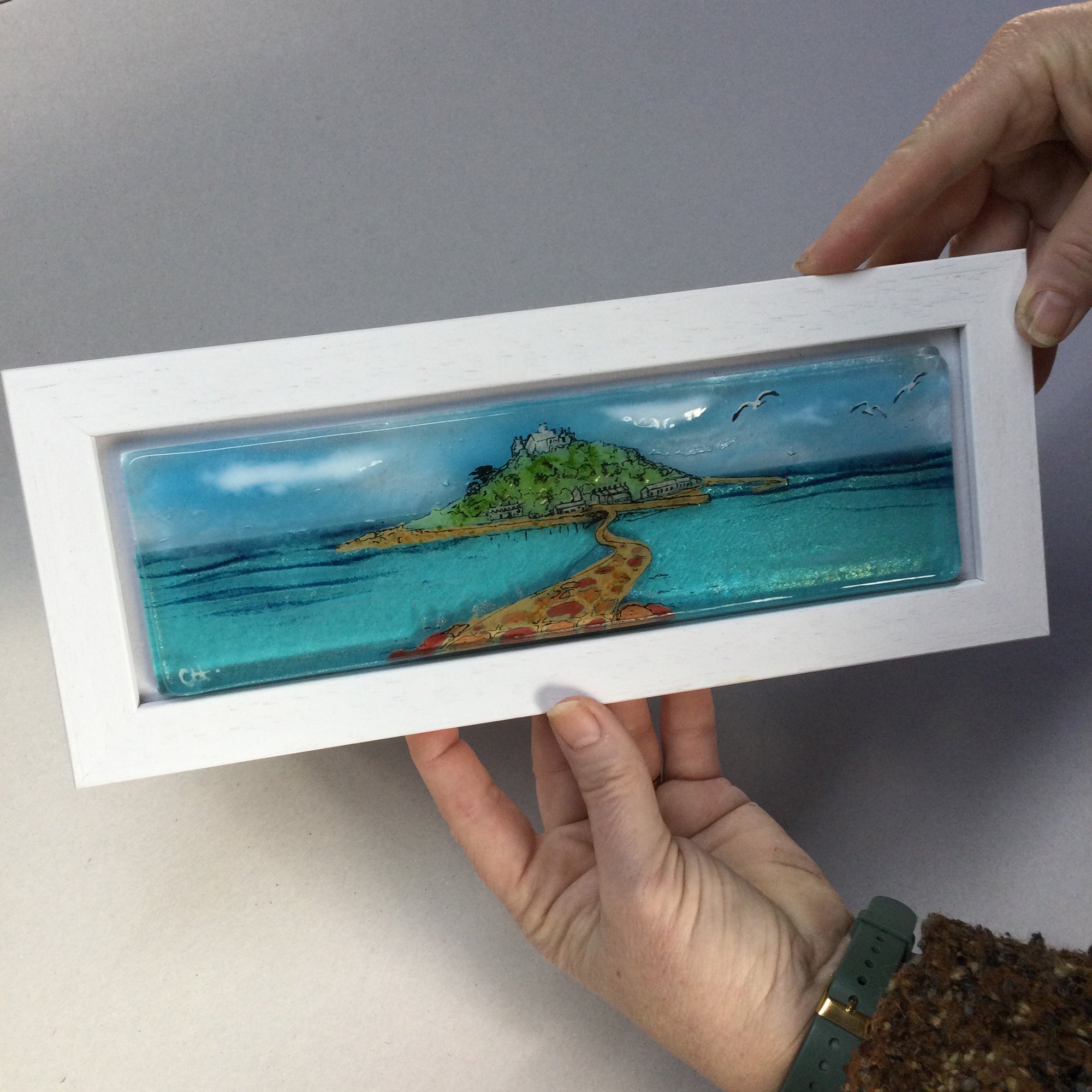 Limited Edition Framed St Michaels Mount, rectangle framed fused glass