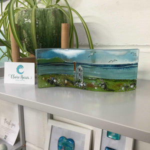 Large freestanding wave - Sea scene with Cornish Tin mine engine house. - Fused Glass By Claire Harris 