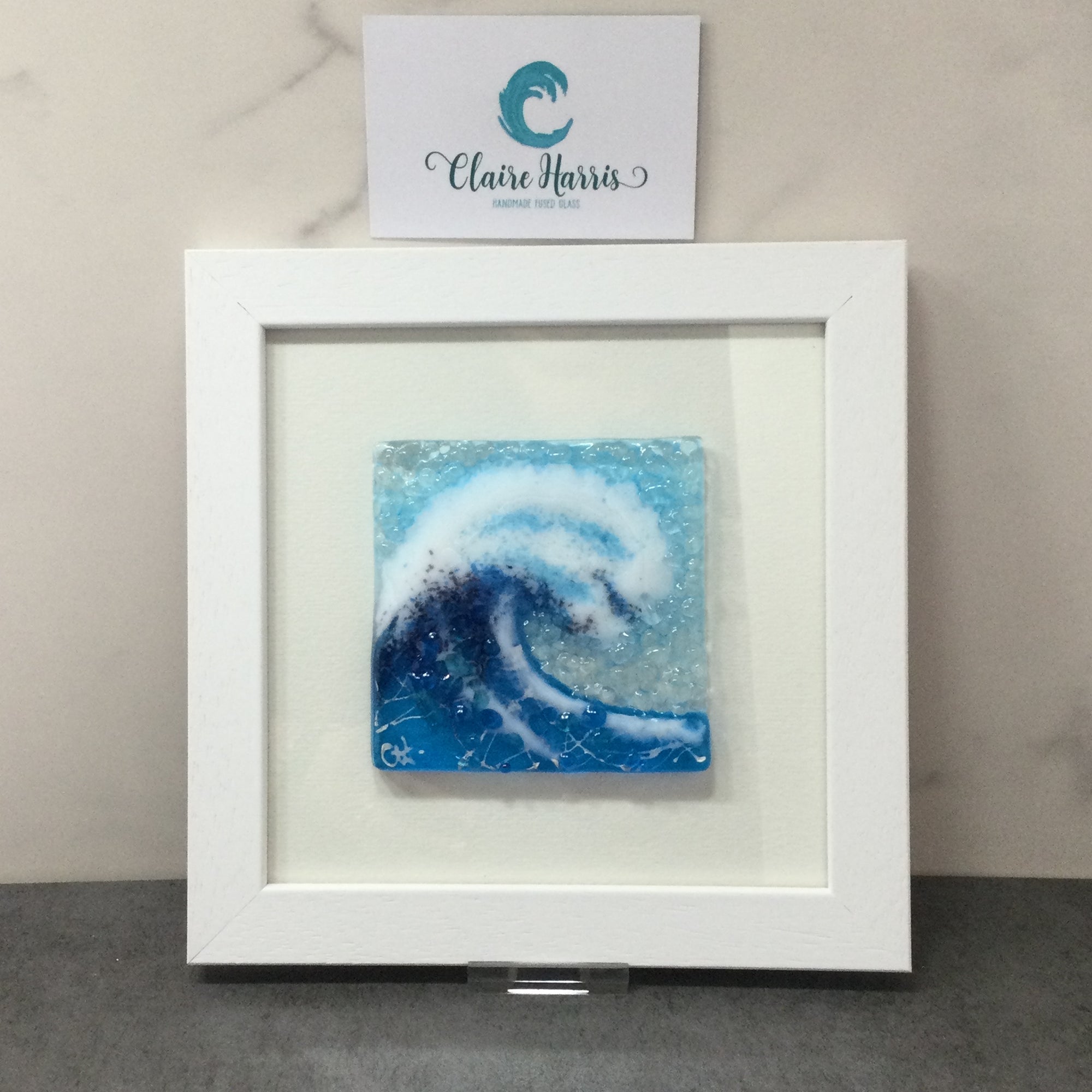 Limited Edition Framed Fused Glass Square Turquoise Crashing Wave