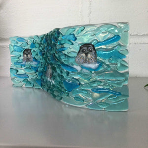 9cm Trio of Seals Freestanding Wave - Fused Glass By Claire Harris 