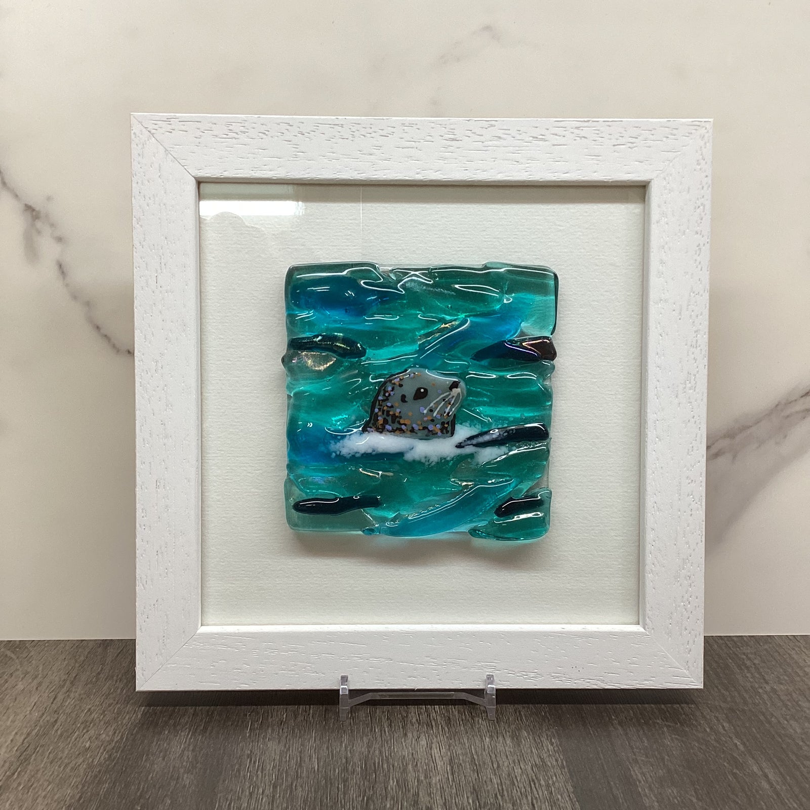 Square Framed Fused Glass Seal Side Facing