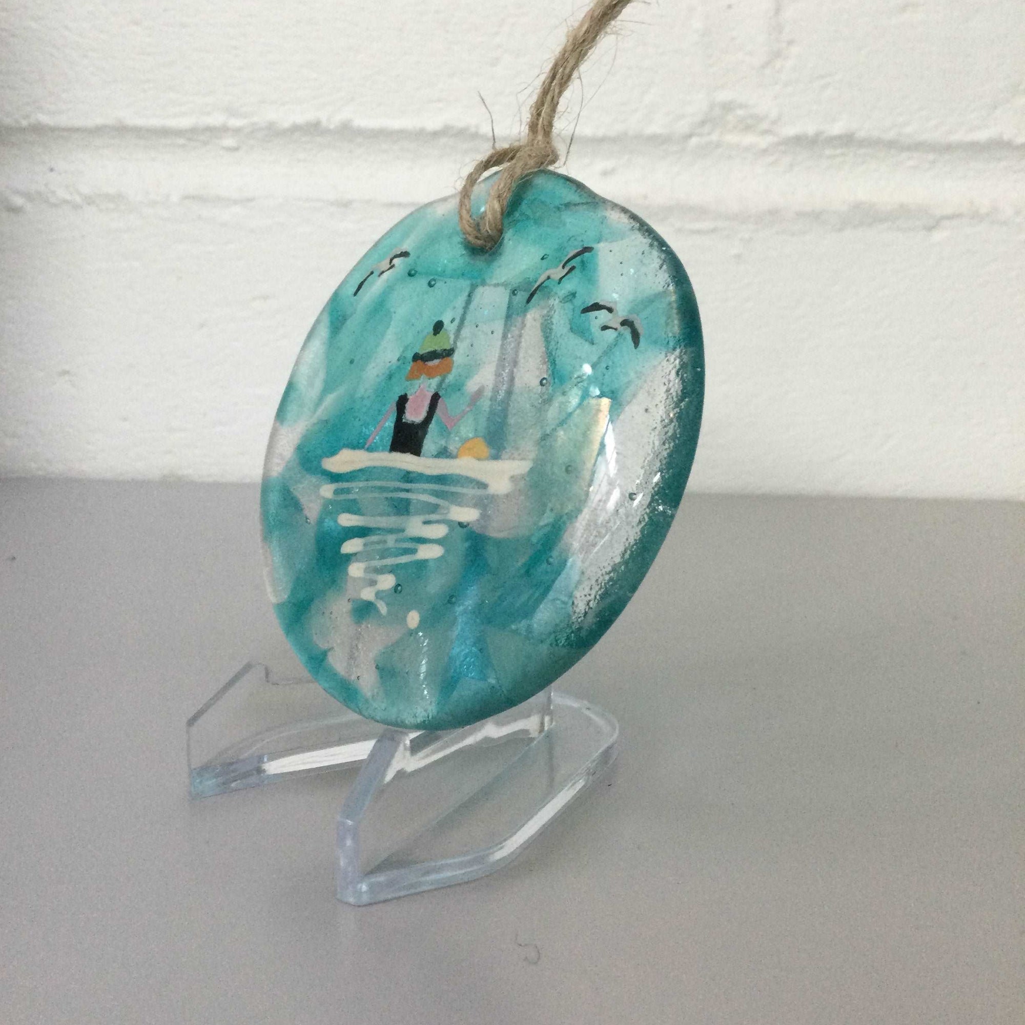 8cm Wild Swimmer with Green Hat Disc Hanger - Fused Glass By Claire Harris 