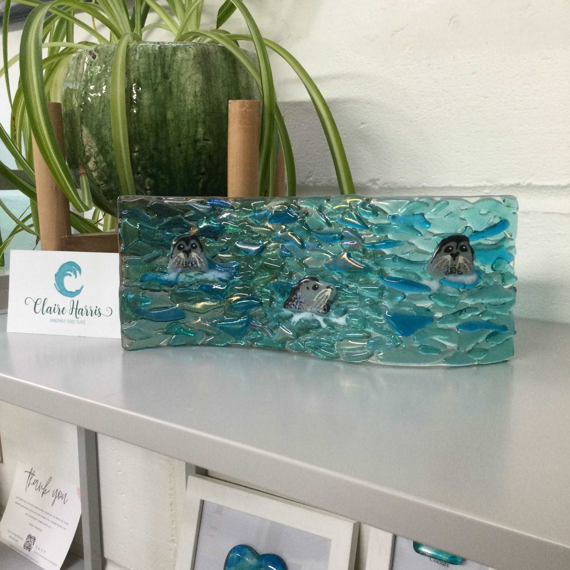 9cm Trio of Seals Freestanding Wave - Fused Glass By Claire Harris 