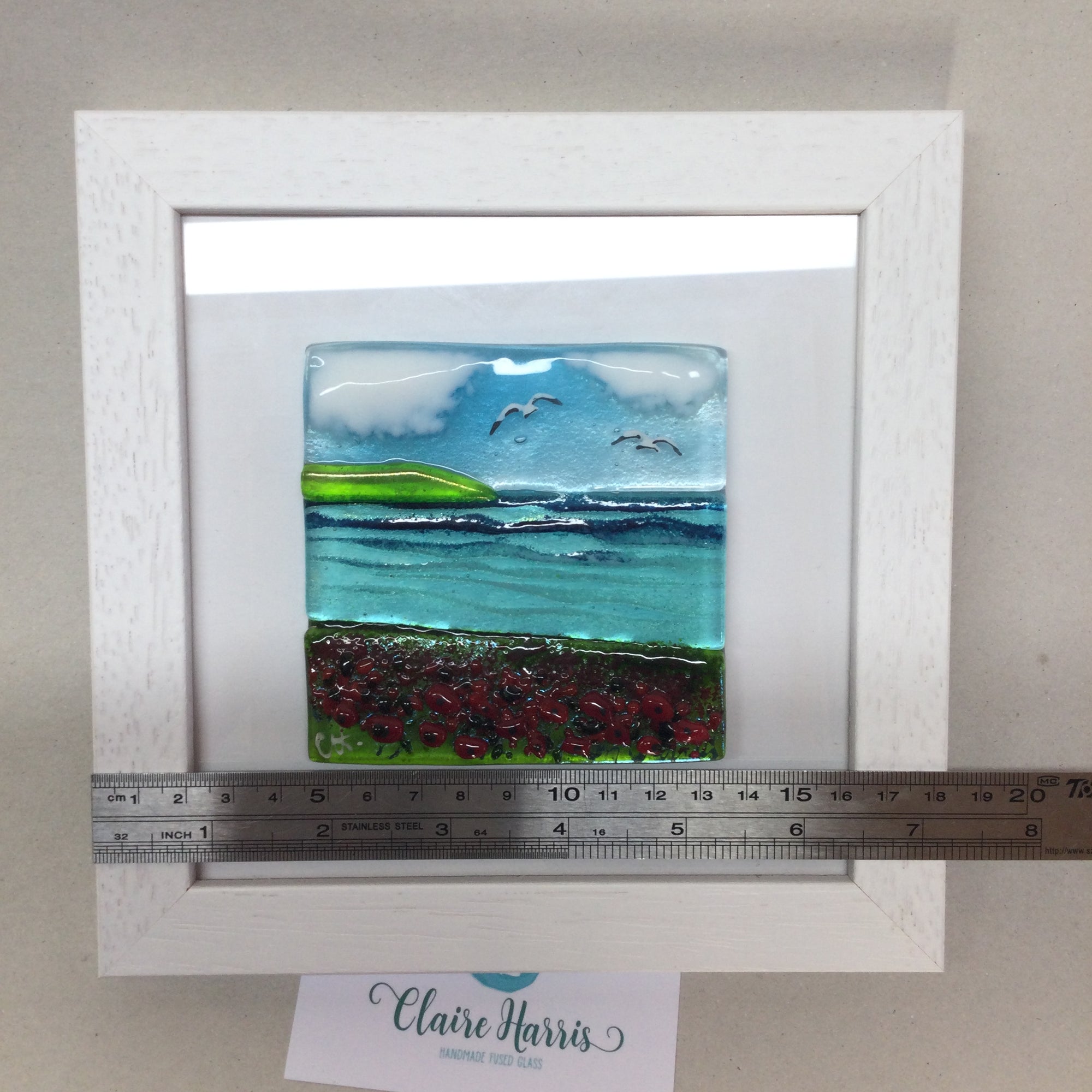 Limited Edition Framed Fused Glass Square Poppy Field Scene