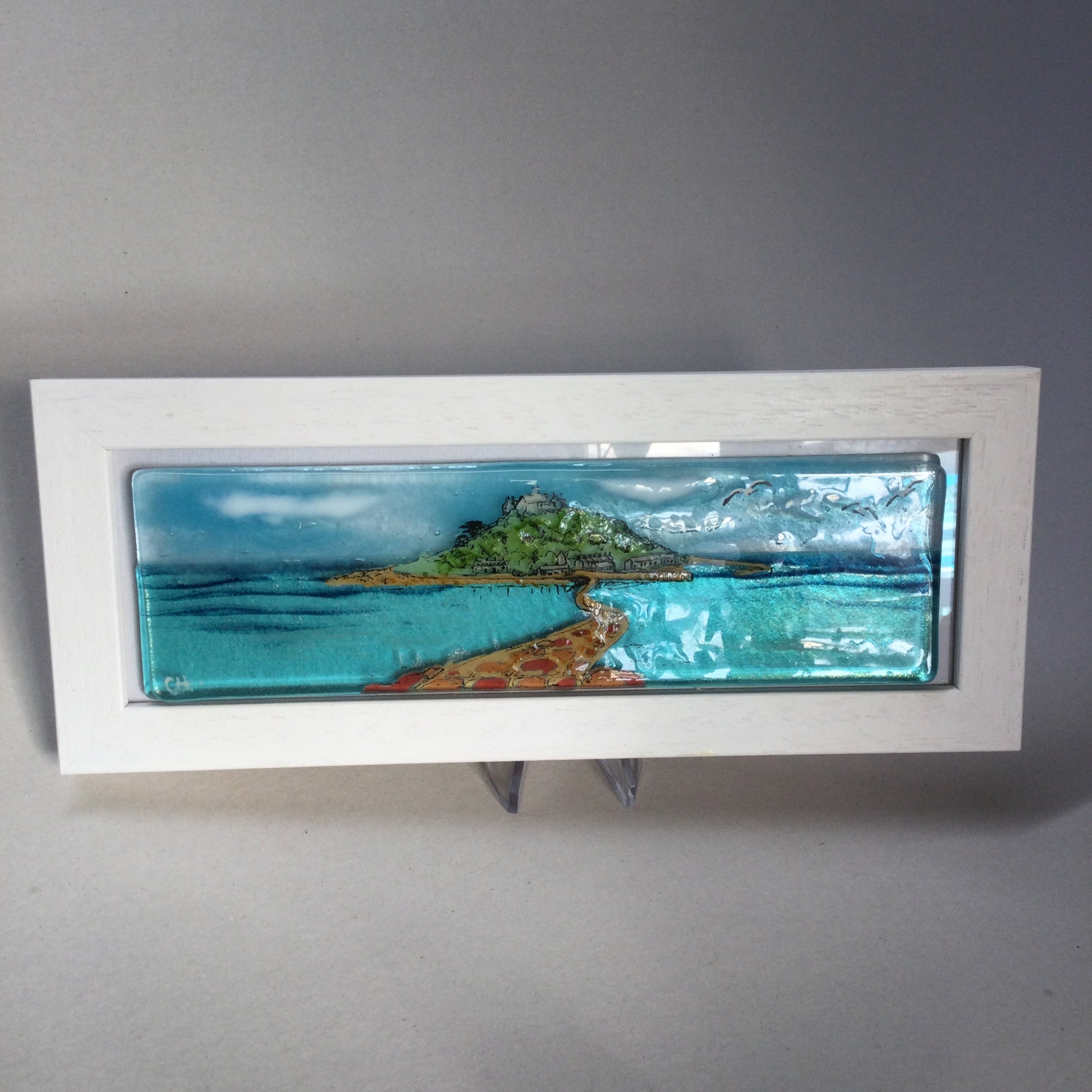 Limited Edition Framed St Michaels Mount, rectangle framed fused glass