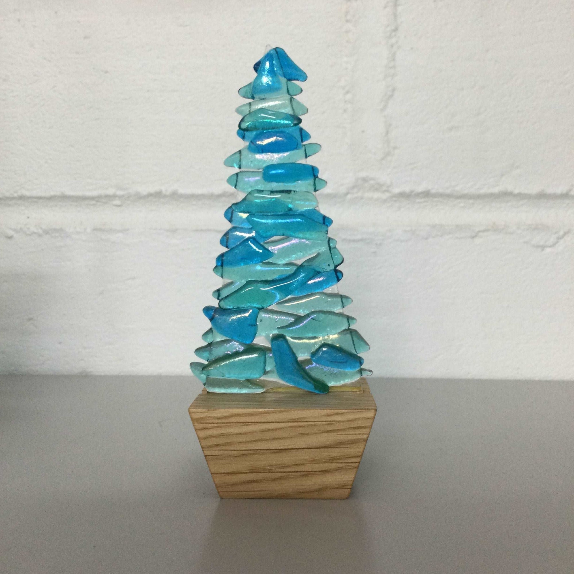 Fused Glass Blue Fir Tree, Christmas Tree with Wooden Base - Fused Glass By Claire Harris 