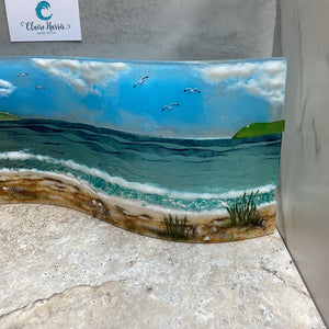 Jumbo Freestanding Wave Fused Glass Sea Scene, Cornish beach with Grass