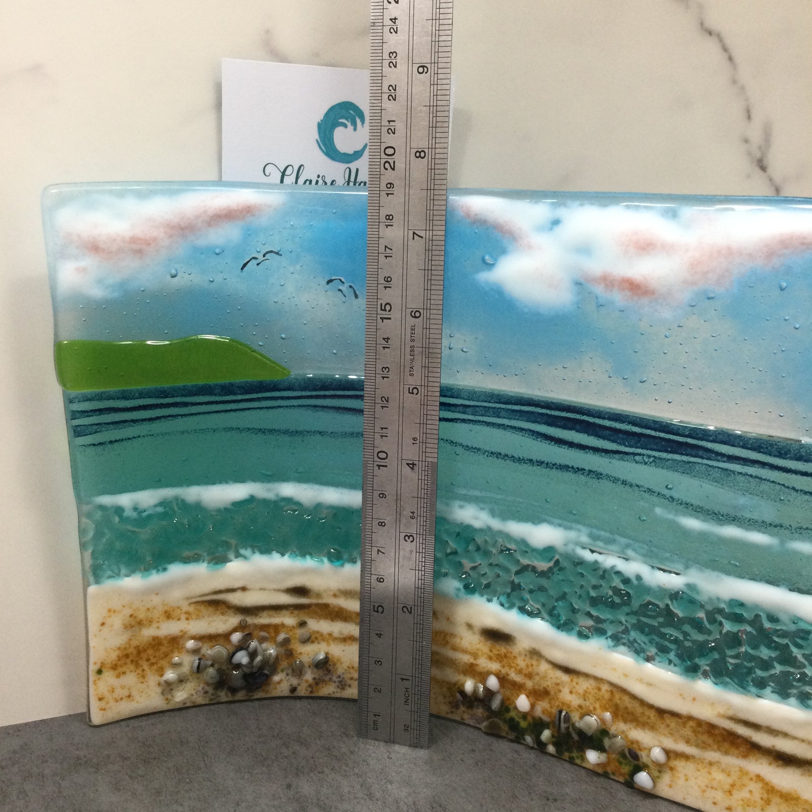 Jumbo Freestanding Wave Fused Glass Sea Scene, Cornish beach with Grass