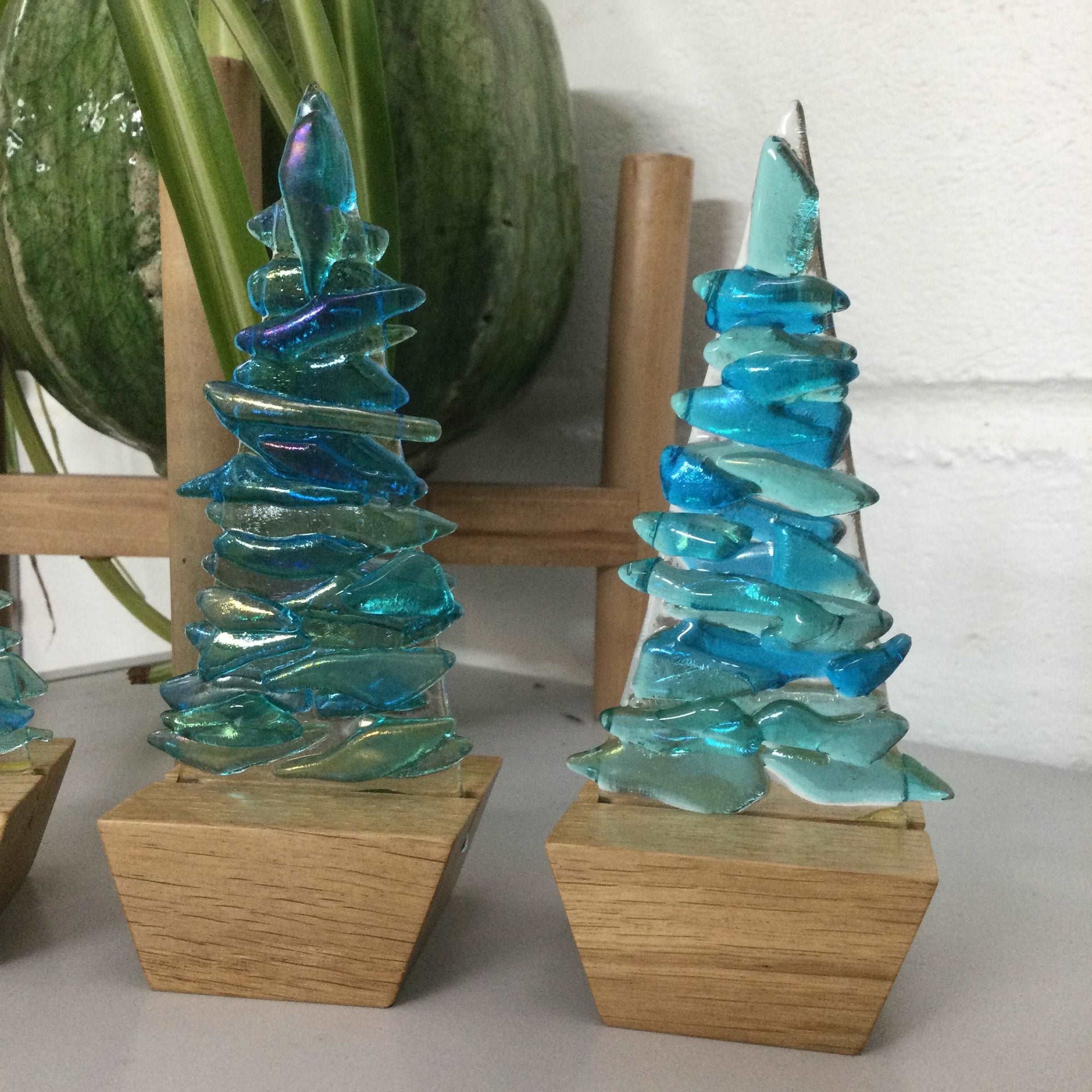 Fused Glass Blue Fir Tree, Christmas Tree with Wooden Base - Fused Glass By Claire Harris 