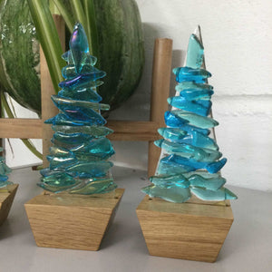 Fused Glass Blue Fir Tree, Christmas Tree with Wooden Base - Fused Glass By Claire Harris 