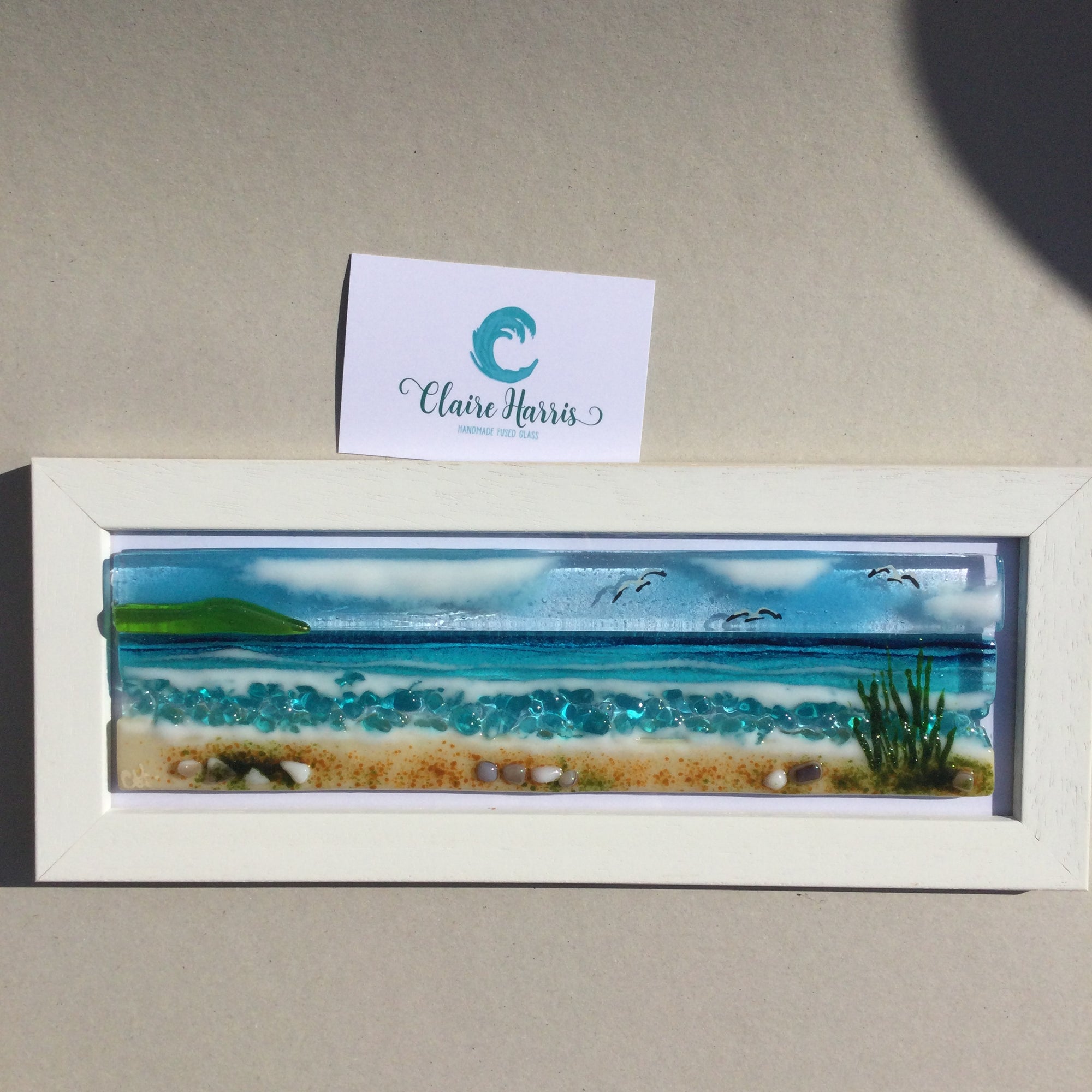 Limited Edition Framed Sea Scene, rectangle framed fused glass